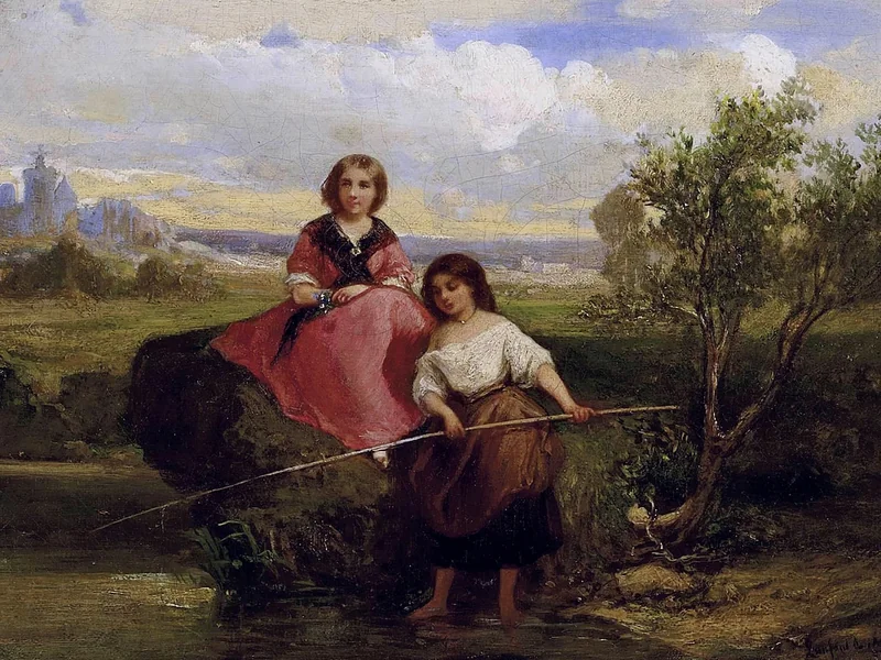 1814-François-Louis Lanfant - Bambini che giocano davanti ad una cittadina francese